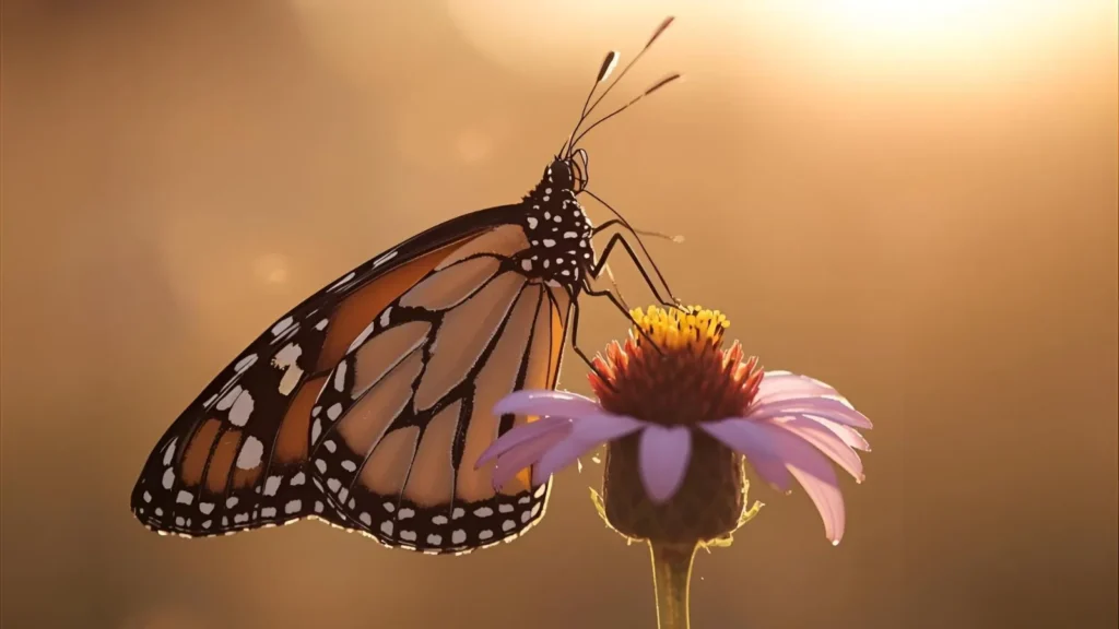 Monarch butterfly perched on purple wildflower at golden hour.
