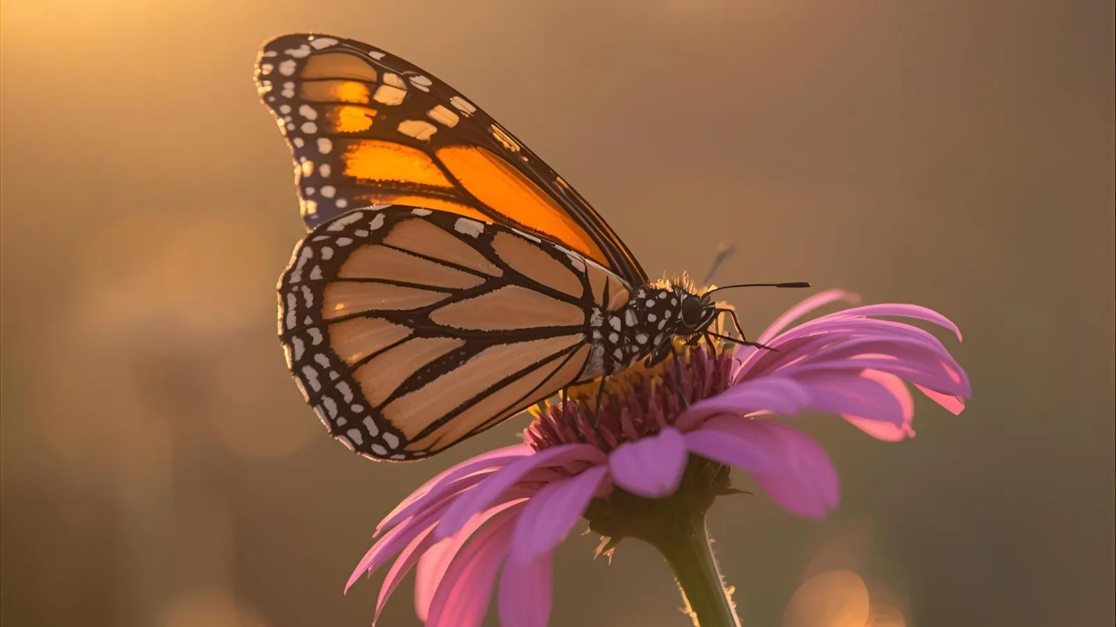 Monarch butterfly perched on purple wildflower at golden hour.