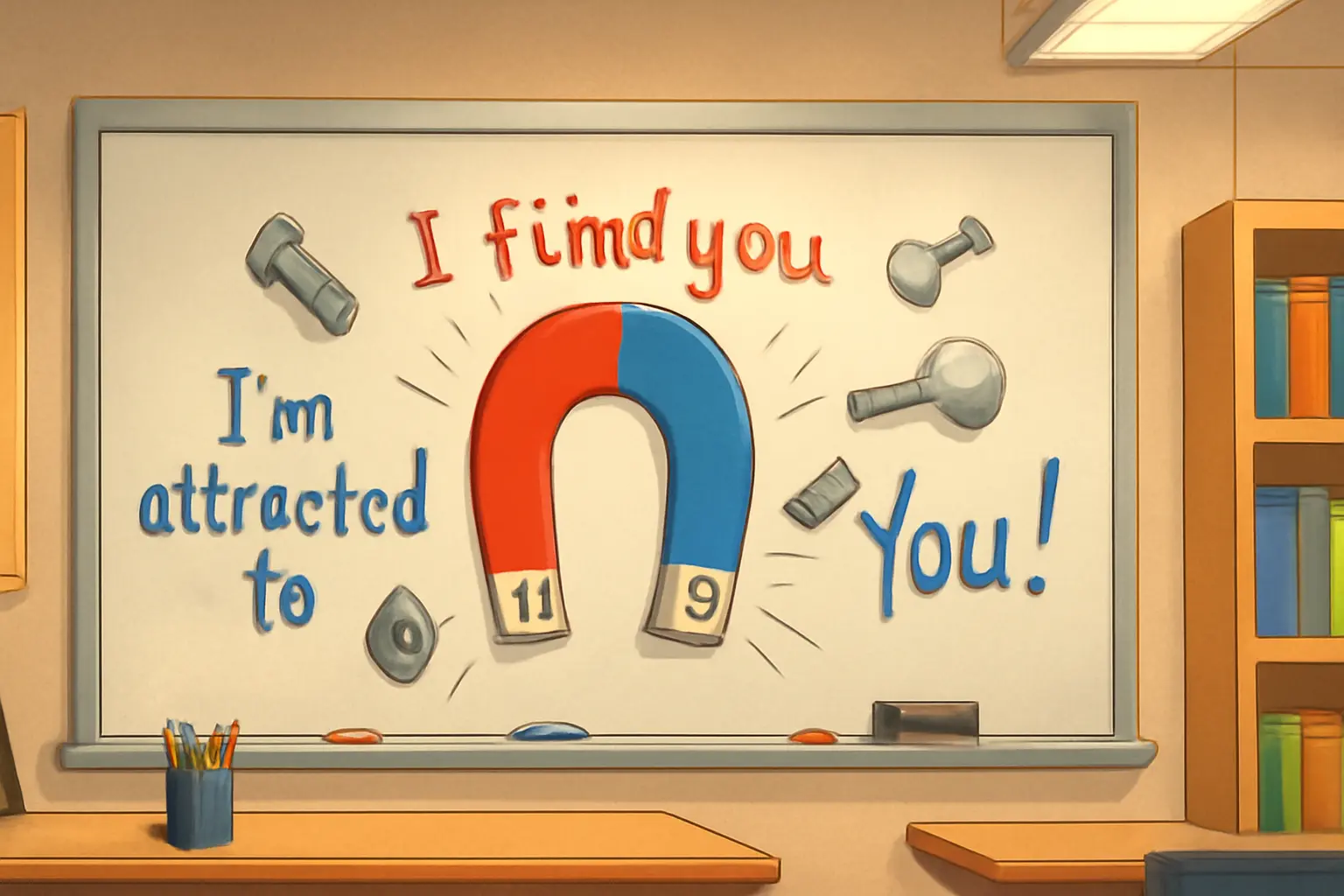 Colorful magnets on a classroom whiteboard attracting metal objects, surrounded by playful magnet puns in handwritten text.