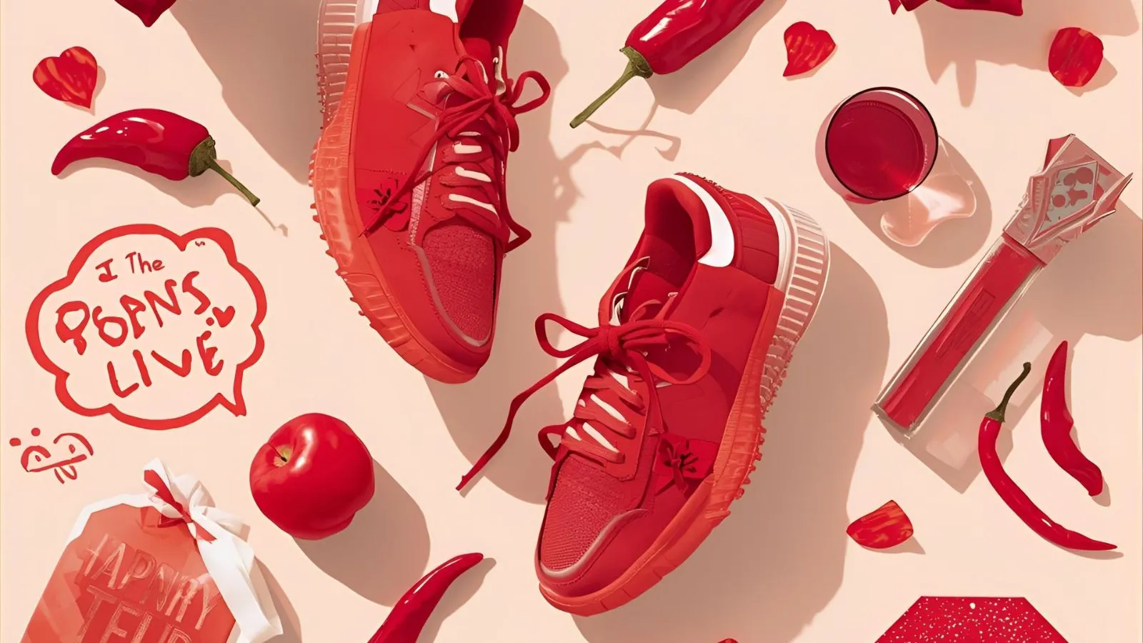 “Flat-lay of red-themed items like roses, sneakers, lipstick, and peppers arranged playfully on a light background.”