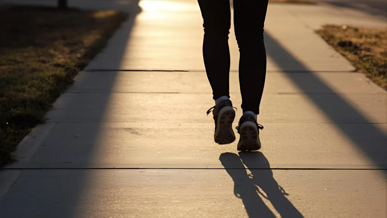 Person mid-stride on a sunny sidewalk casting a long shadow.