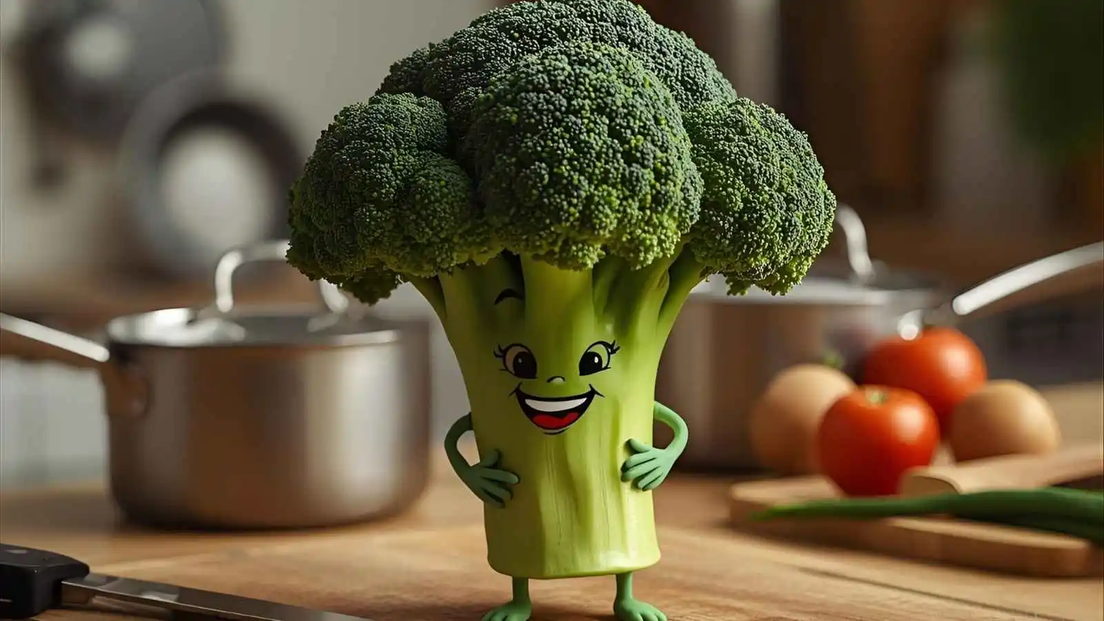 Cute broccoli character on a cutting board in a cozy kitchen with cooking tools behind.