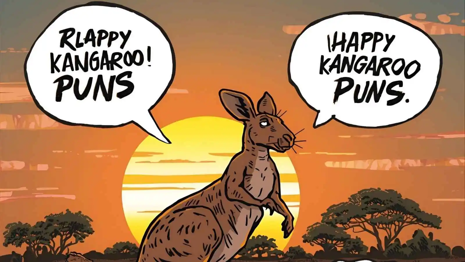 Kangaroo jumping through an Australian outback sunset with playful kangaroo puns in speech bubbles.